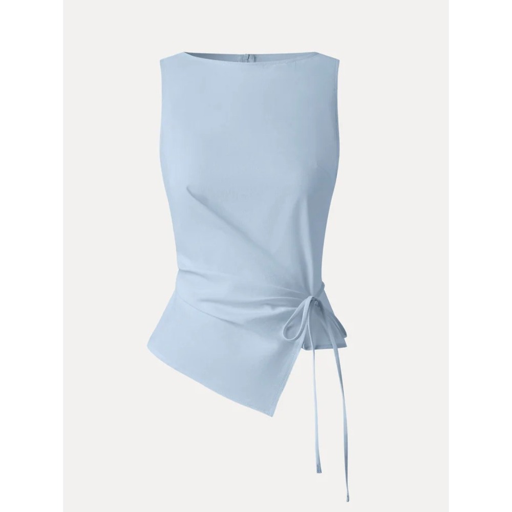 OGL Blouse Lyocell-Linen Blend Boatneck Waist-Defined Top Artic Blue